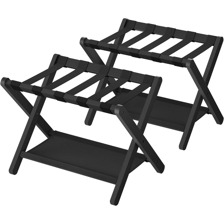 Set of 2 - Sturdy Bamboo Luggage Rack in Black Wood Finish w/Lower Storage Shelf