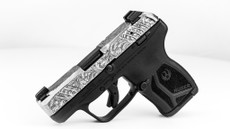 Custom engraved and Cerakoted Ruger LCP MAX .380 ACP pistol with Fragout scrollwork