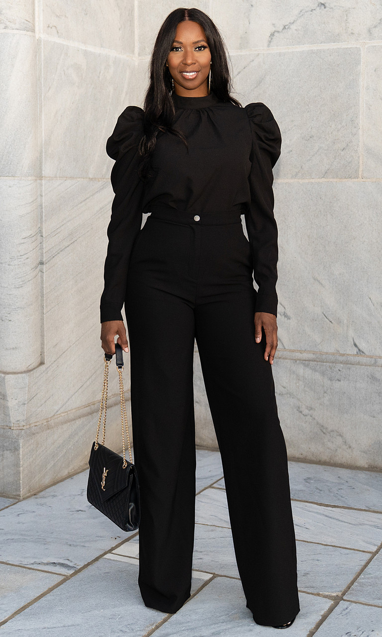 Tall Women's Black Puff Sleeve Pant Set |Tall Women's Clothing