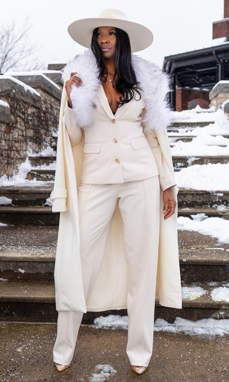Tall Women's White Fur Collar Maxi Coat | Trench Coat