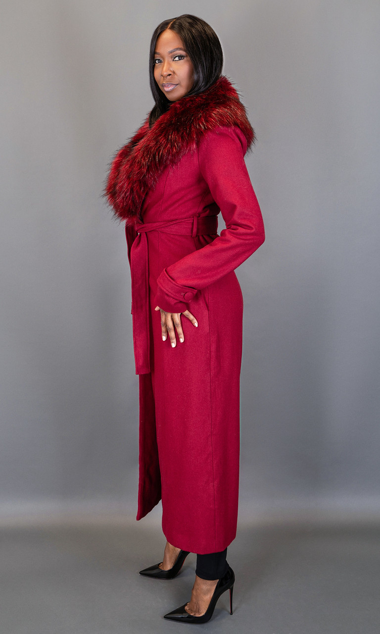Tall Women's Burgundy Red Fur Collar Maxi Coat | Trench Coat