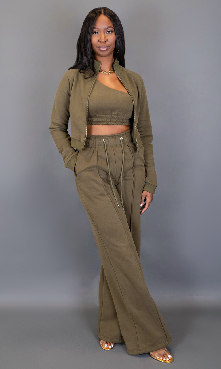 Wide Leg Olive Green Sweatpants for Tall Women | Prissy Duck