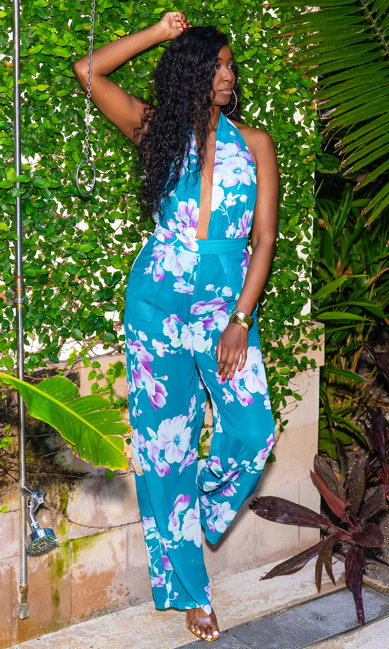 house on the hill jumpsuit Flower 80㎝ Teal Floral Print Halter Jumpsuit for Tall Women | Prissy Duck
