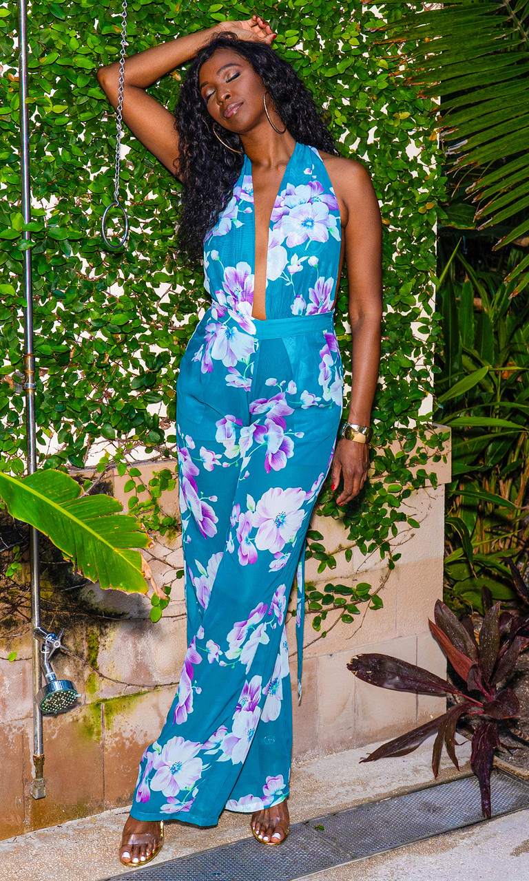 Teal Floral Print Halter Jumpsuit for Tall Women | Prissy Duck