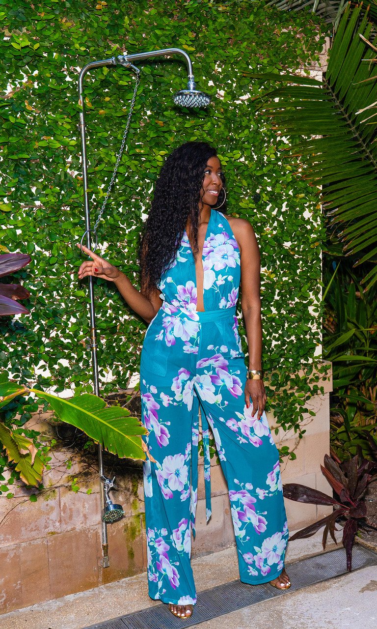 Teal Floral Print Halter Jumpsuit for Tall Women | Prissy Duck