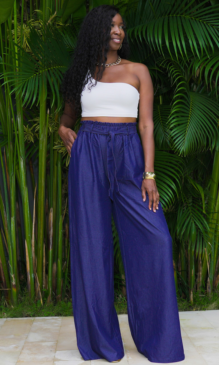 pois splash pants ネイビー　S Dark Blue Denim Wide Leg Pants for Tall Women | Prissy Duck