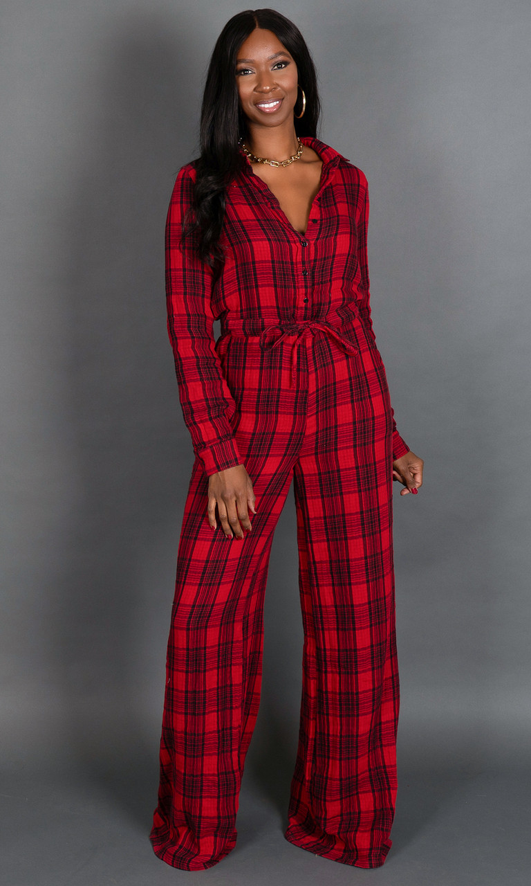 Cozy Night In Jumpsuit - Red & Black Plaid
