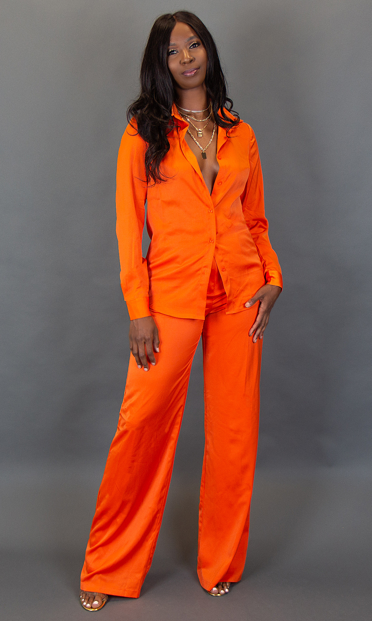 Orange Satin Printed Women's Flared Pant