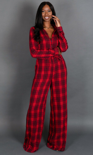 Cozy Night In Jumpsuit - Red & Black Plaid