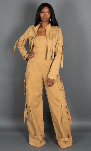 Street Chic Cargo Jumpsuit - Sand