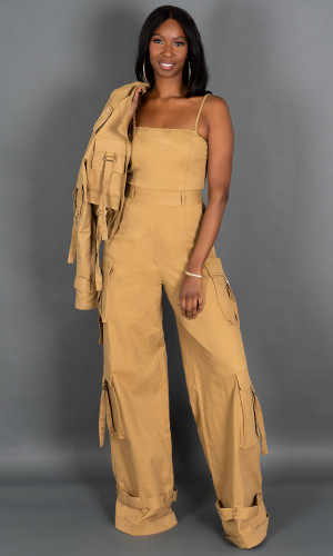 Street Chic Cargo Jumpsuit - Sand