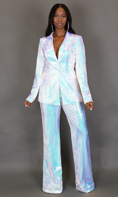 パンツ BALMAIN IRIDESCENT EFFECT WIDE PANTS Tall Women's White Iridescent Sequin Pants |Tall Women's Pants