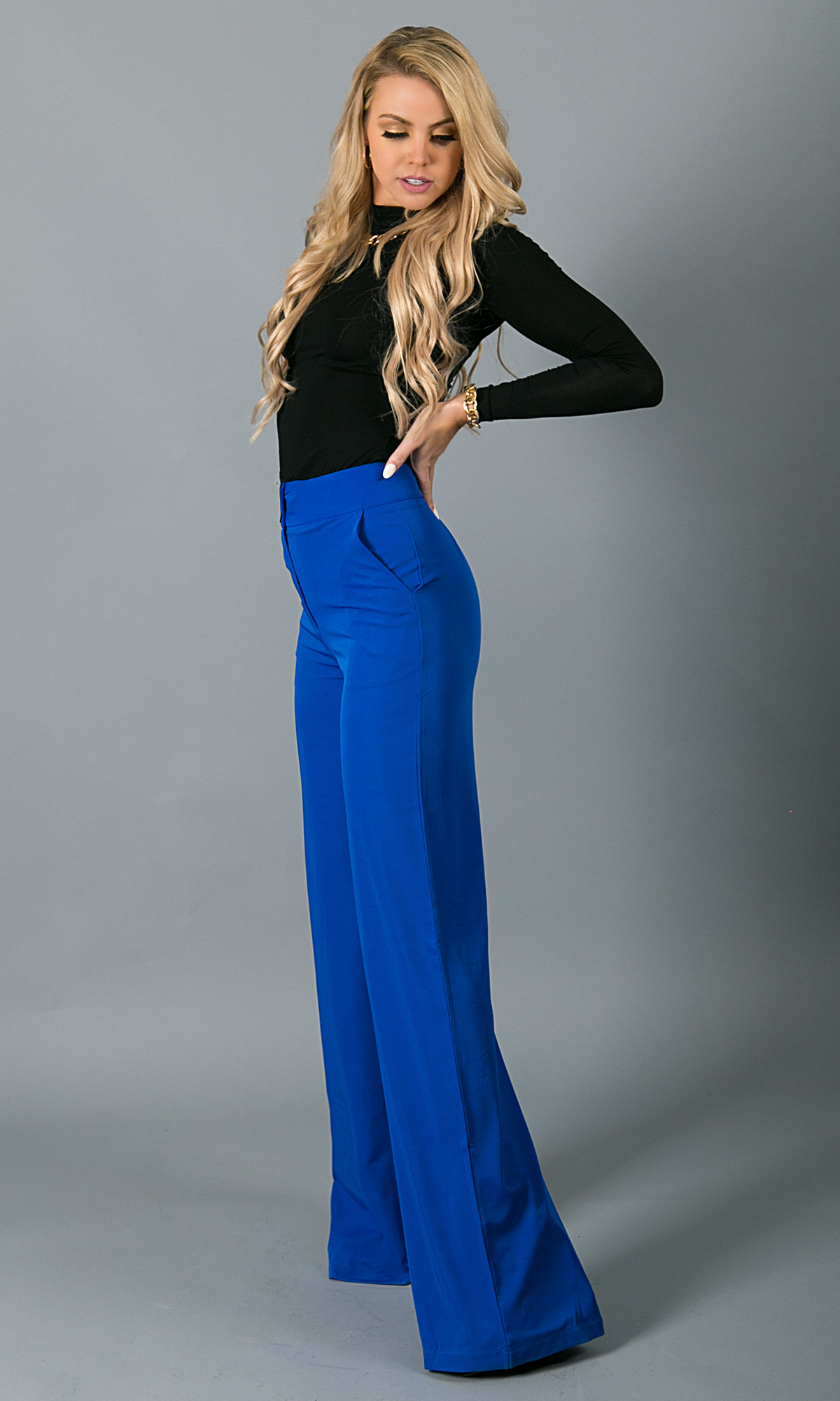 Ladies Trousers, Ladies Royal Blue High Waist Trousers Double