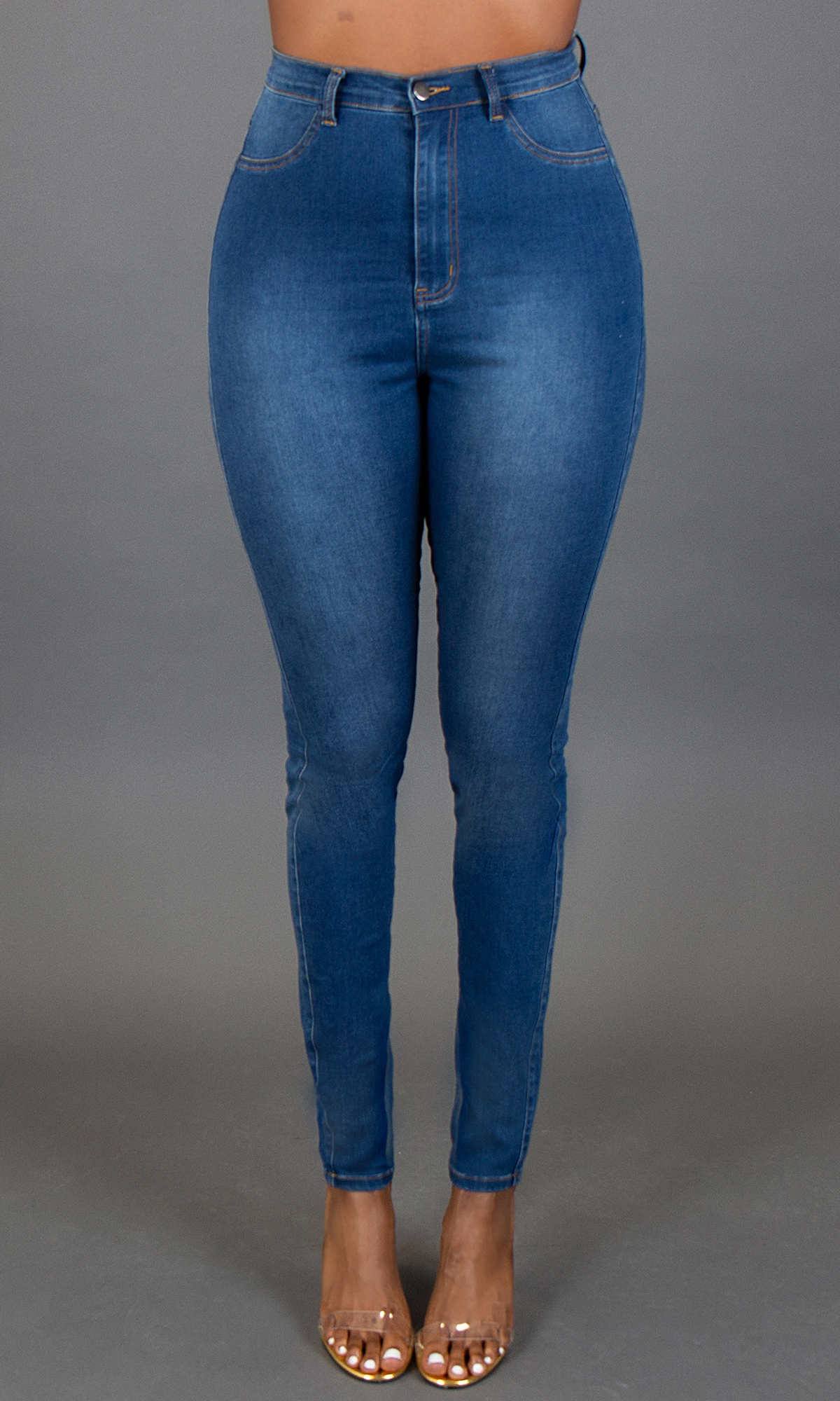 High Waist Skinny Jeans - Medium Blue - Prissy Duck