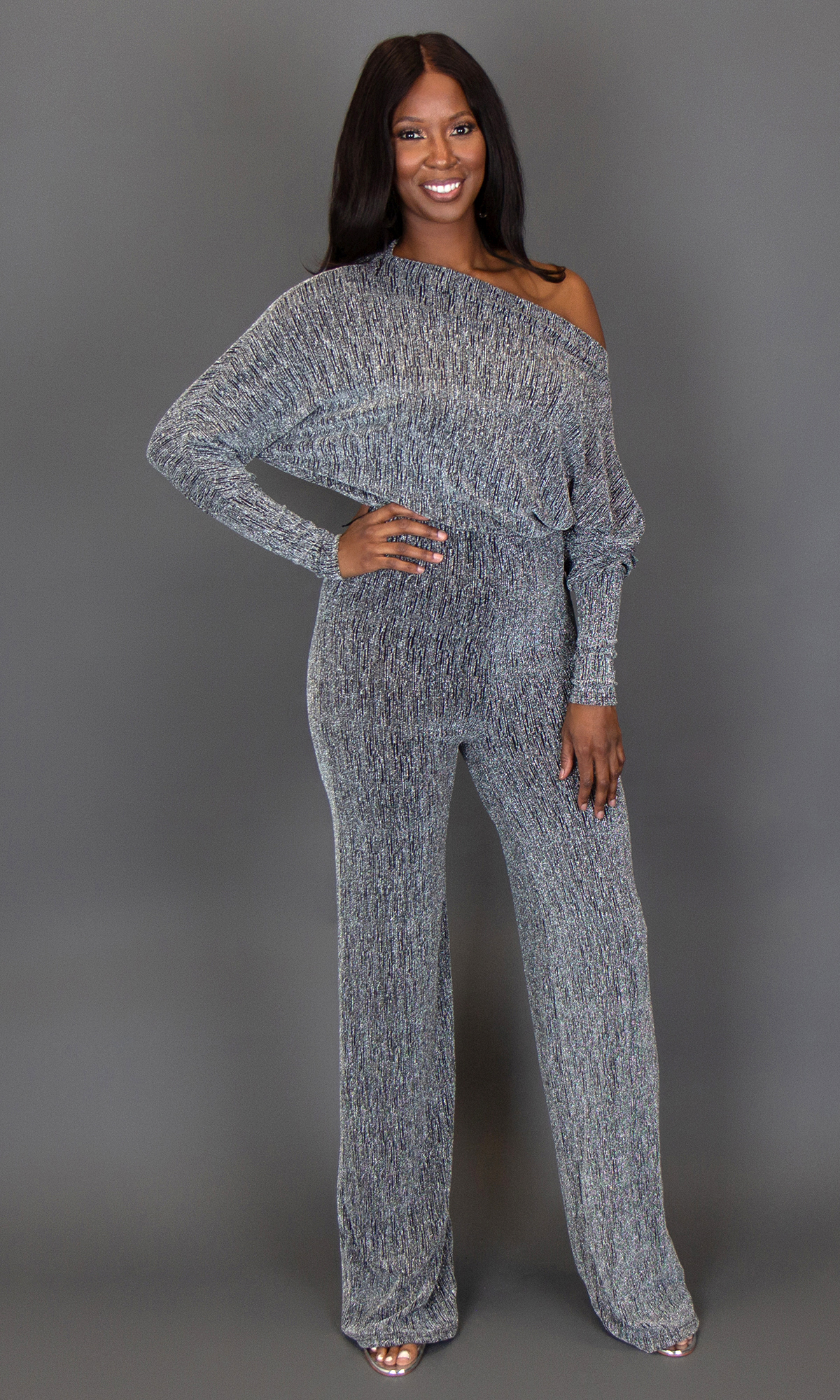 Tall Women's Silver Shimmer Jumpsuit |Tall Women's Clothing