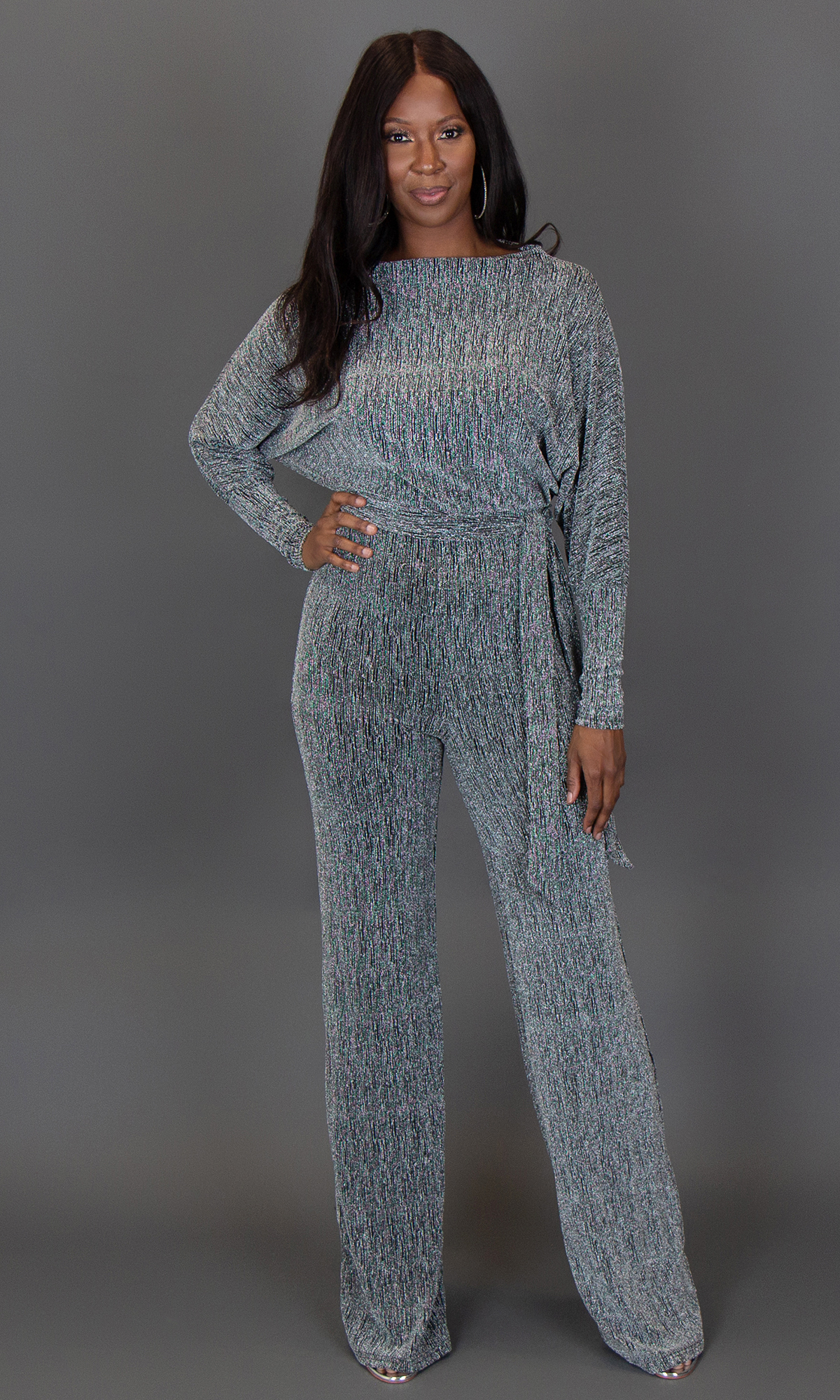 Tall Women's Silver Shimmer Jumpsuit |Tall Women's Clothing