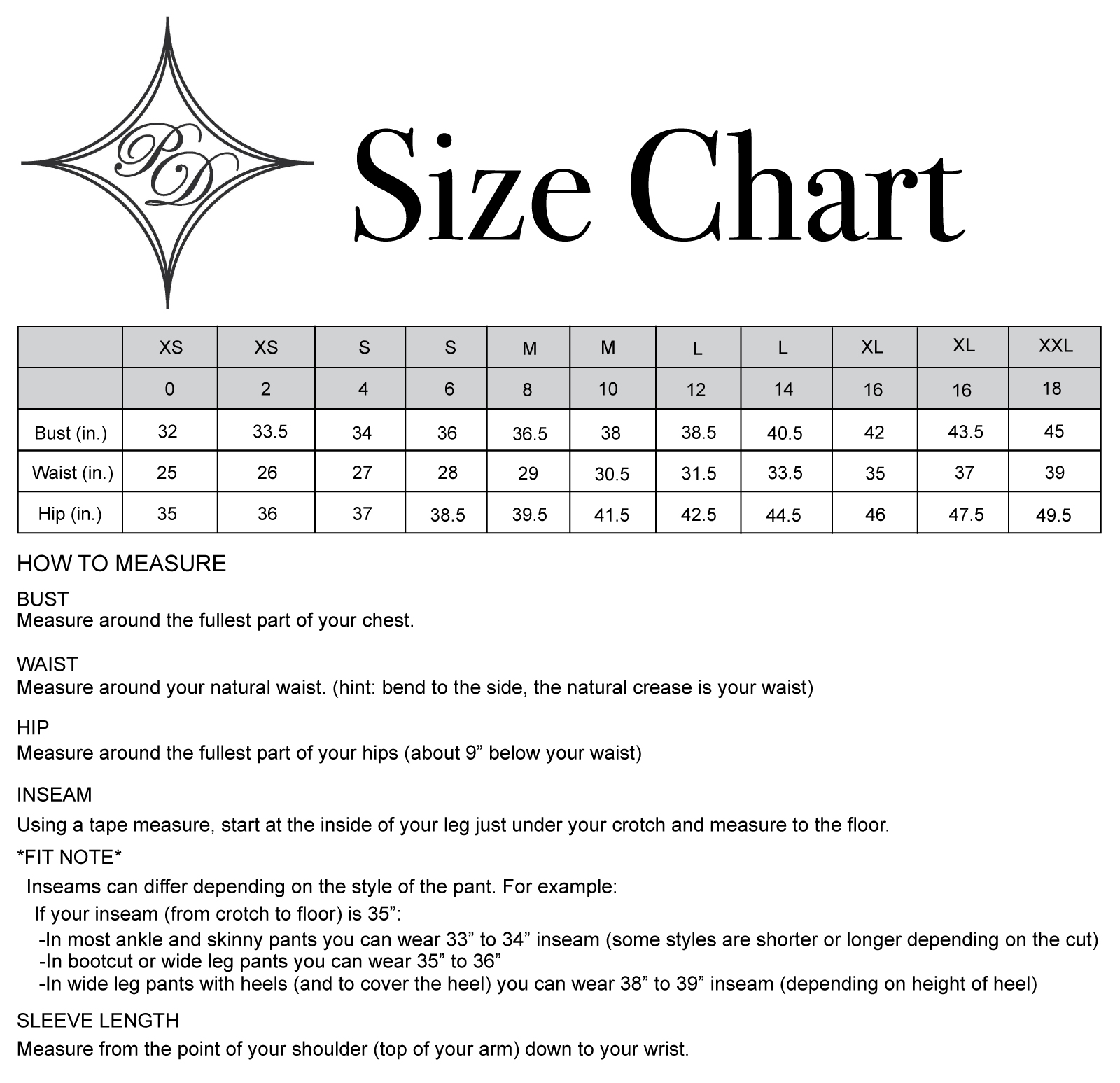 Prissy Duck Tall Women's Clothing - Size Chart