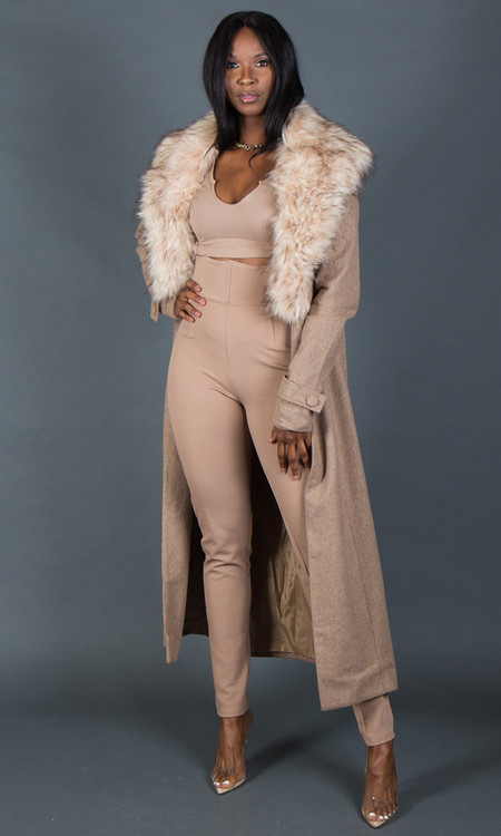 Tall Women's Tan Fur Collar Maxi Coat | Trench Coat