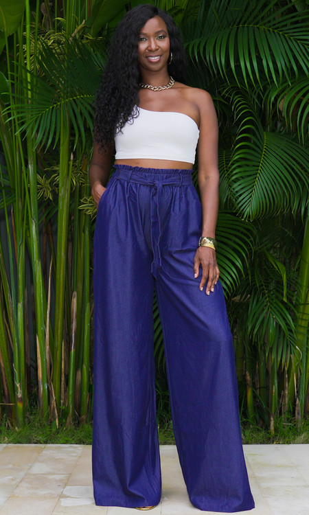 Dark Blue Denim Wide Leg Pants for Tall Women | Prissy Duck
