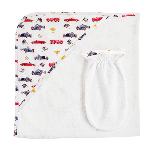 Baby Club Chick Hooded Towel & Mitt - Vintage Racing Cars (TOW04068)
