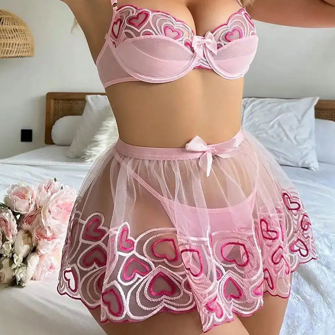 SI BRA, G STRING, & SKIRT SET PINK -S