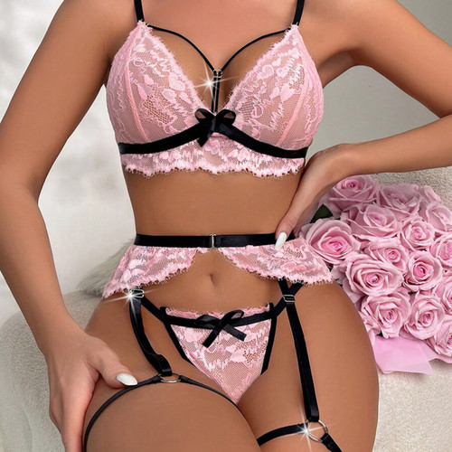 SI BRA & PANTY LACE GARTER SET PINK - M