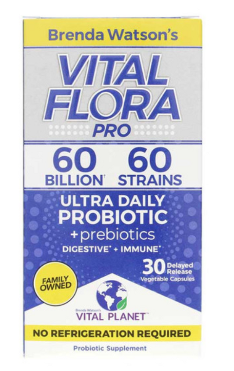 Vital Flora Pro Ultra Daily Probiotic contains 60 billion live probiotics and 60 vital probiotic strains to support digestive and immune health.