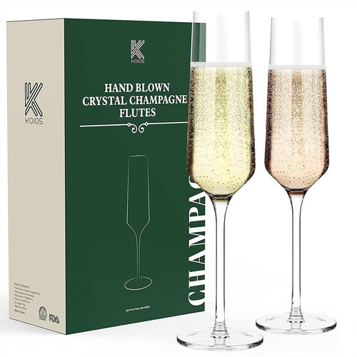 Champagne Flutes Glass Set of 2,KOIOS Hand Blown Champagne Glasses Toasting Crystal Flutes Goblet,Champagne Glasses Wedding Thanksgiving Party Cocktail Cups