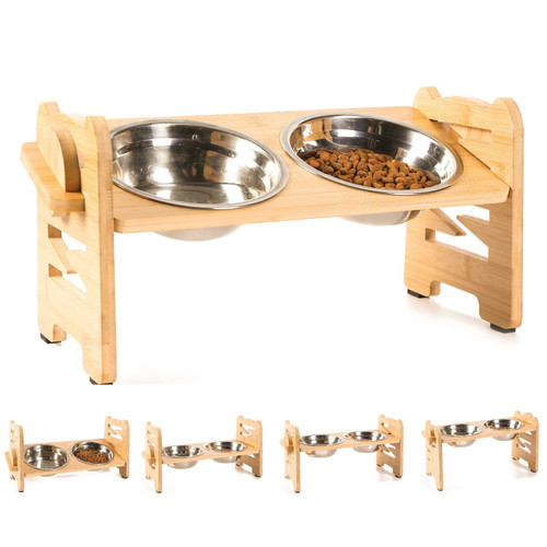 Elevated Dog & Cat Bowls, 6 Adjustable Heights Raised Food Water Feeder Bowl with Stand for Puppy Small Medium Dog Cat, 2 Stainless Steel Bowls 4 Cup (30oz) Capacity , Non-Slip,15° Tilted