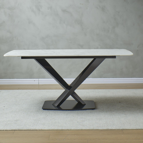 63" Modern Sintered Stone Dinning Table Carrara White Color Dinning Table with Solid Gold Carbon Stell Base 