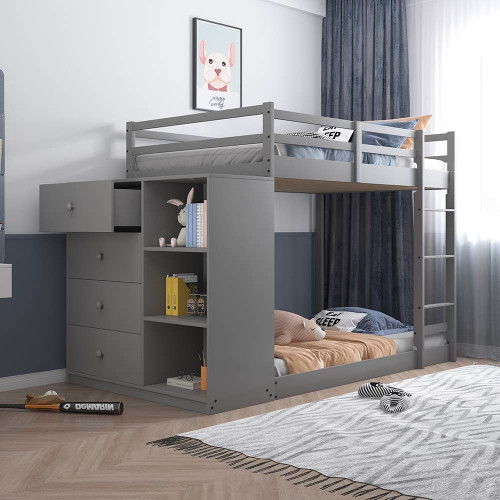 Twin/Twin Bunk Bed w/Cabinet, Gray Finish