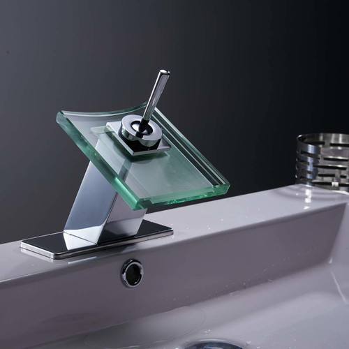 Low-Arc Polished Chrome Single Hole Waterfall Bathroom Faucet Single-Handle Glass Spout Faucet