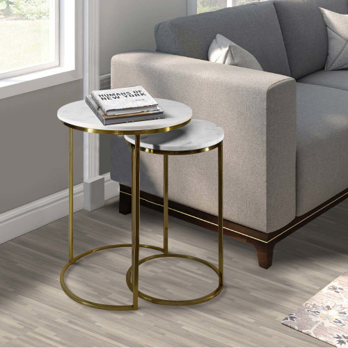 21; 18 Inch Transitional Style Round Marble Top Nesting End Table; Set of 2; Metal Frame; White; Brass; DunaWest