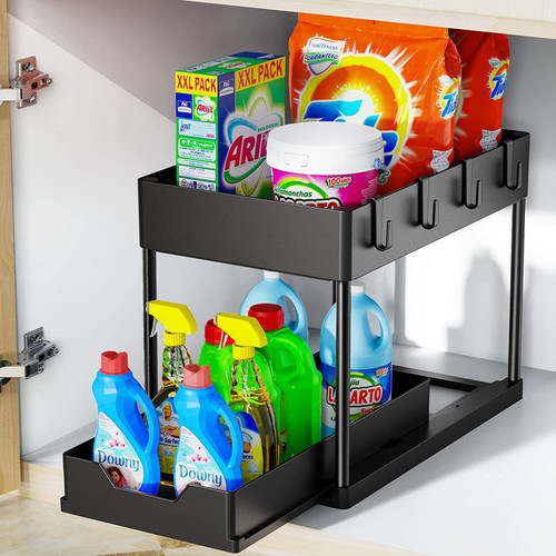 Double Sliding Cabinet Organizer Drawer;  Under Sink Organizers and Storage;  2 Tier Under Sink Organizer with 4 Hooks;  2 Hanging Cups;  Bathroom Cabinet Organizer for Kitchen Bathroom Cabinet