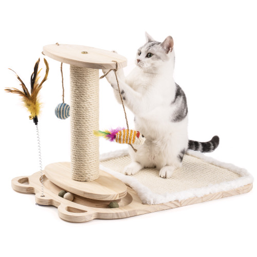 Cat Toy 1-Layer Turntable Cat Ball Toy with Feather Stick; Interactive Cat Toy with 5 Interactive Balls ; Cat Scratching Post with Mat