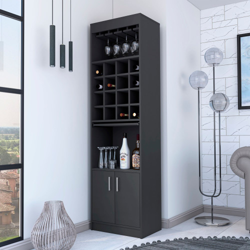 Myers Bar Cabinet; Two Shelves; Double Door Cabinet; Six Built-in Wine Rack