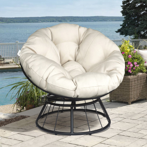 Papasan Chair;  360-degree Swivel Outdoor Papasan Chair with Beige Cushion and Durable Frame;  Comfy Circle Lounge Moon Chair