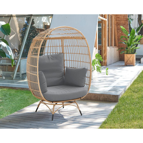 Manhattan Comfort Spezia Freestanding Steel and Rattan Outdoor Egg Chair with Cushions in Grey