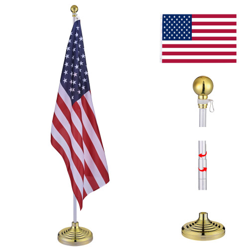 8FT Silver Telescoping Al Flag Pole With US Flag & Ball
