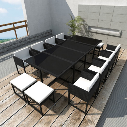 13 Piece Patio Dining Set with Cushions Poly Rattan Black