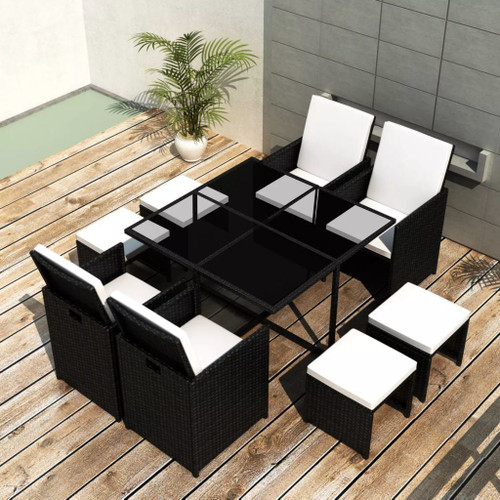 9 Piece Patio Dining Set with Cushions Poly Rattan Black