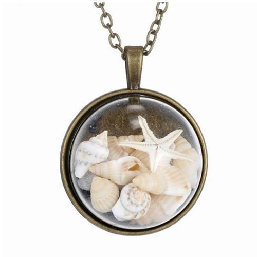 BEACH GIRL Sea Shells In Glass Locket Pendant Necklace