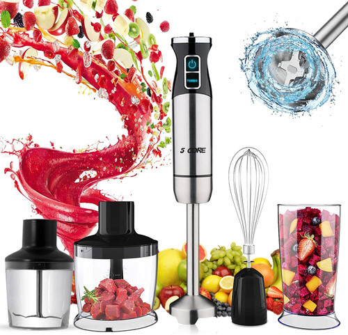 Hand Blender 500W 5-in-1 Multifunctional Electric Immersion Blender 8 Variable speed Stick Batidora Emersion Mixer, 600ml Mixing Beaker, 860ml Food Processor, Chopper, Whisk Attachment, BPA Free 5 Cor