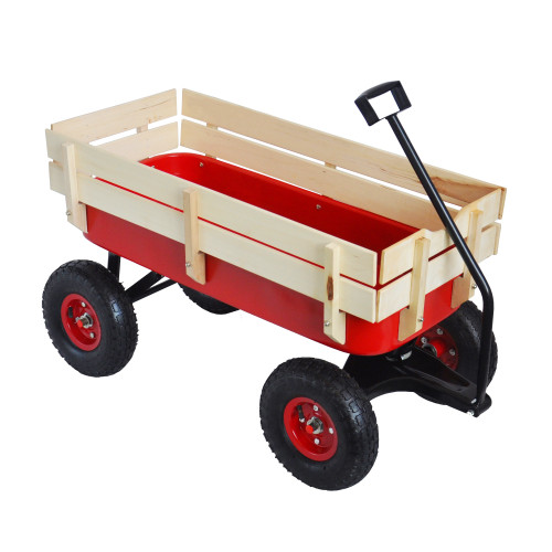 Outdoor Wagon All Terrain Pulling w/Wood Railing Air Tires Children Kid Garden (Red)