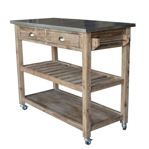 Dunawest 2 Drawers Wooden Frame Kitchen Cart with Metal Top and Casters, Brown and Gray