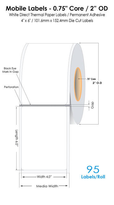 Direct Thermal 4"x6"Mobile Labels 95/ Roll 0.75" Core 2.25" OD