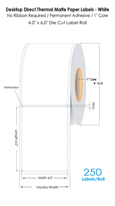 Desktop Direct Thermal Matte Paper Labels - White | 4" x 6" Die Cut Label Roll | 250 Labels/Roll