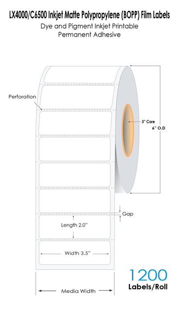 LX4000/C6500 3.5in x 2in Inkjet Matte Polypropylene (BOPP) Labels 1200/Roll 3in Core 6in OD