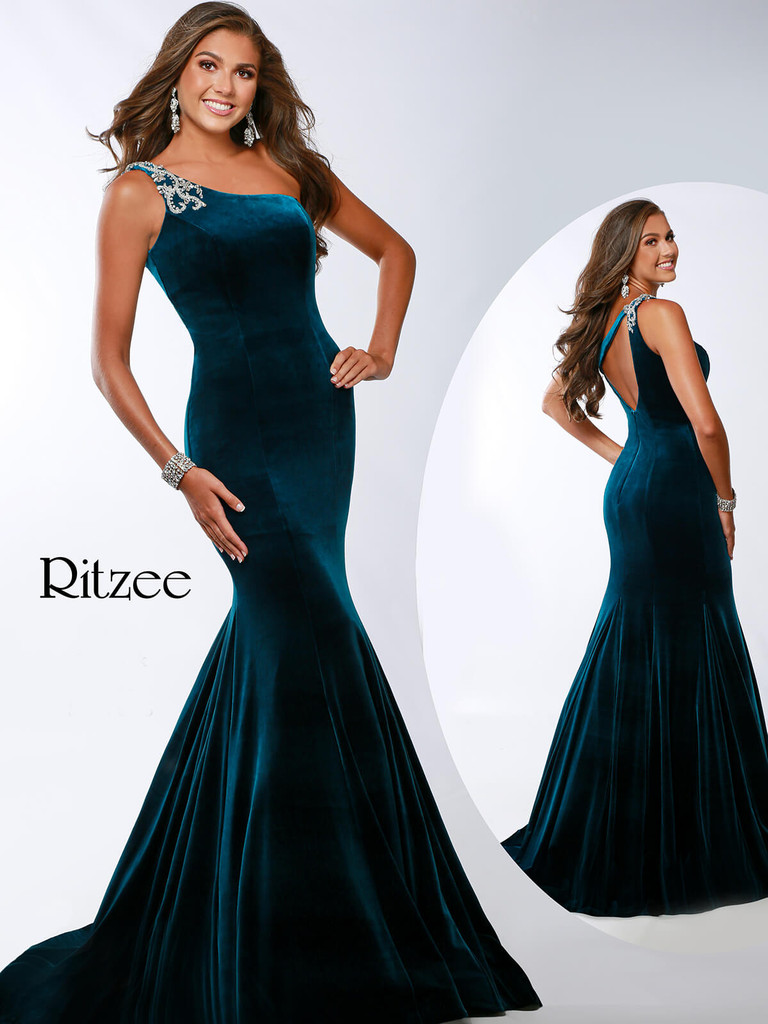 aqua one shoulder velvet gown