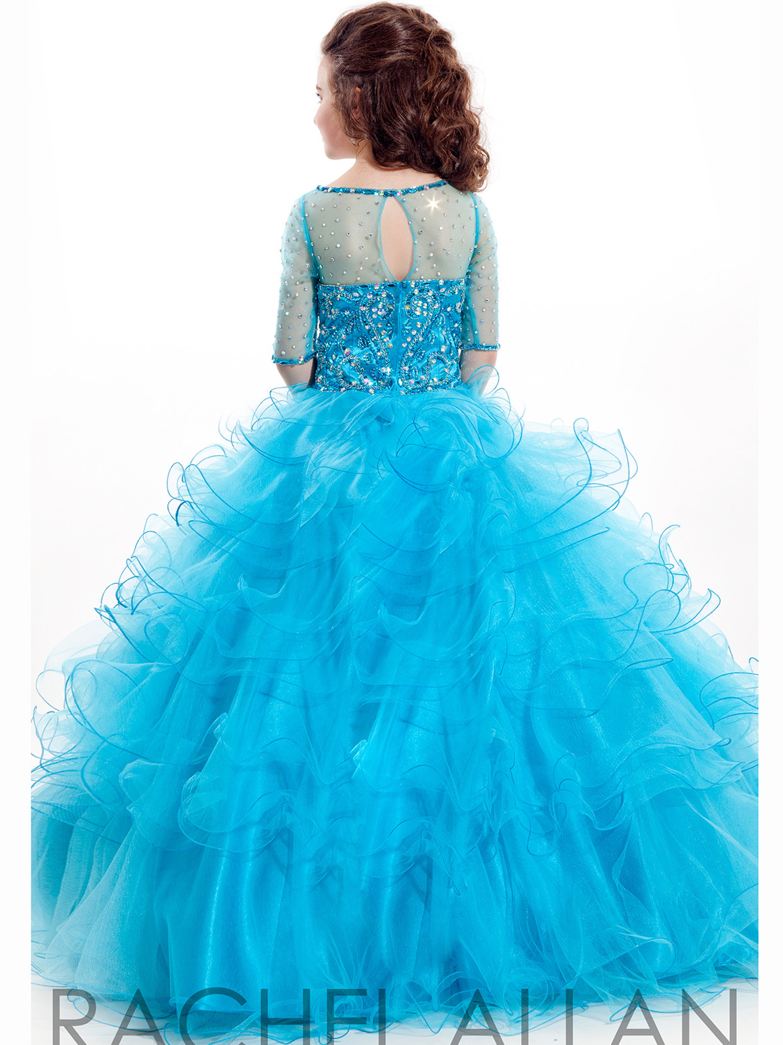 turquoise pageant dress for little girls with illusion neckline long sleeves and ruffled skirt